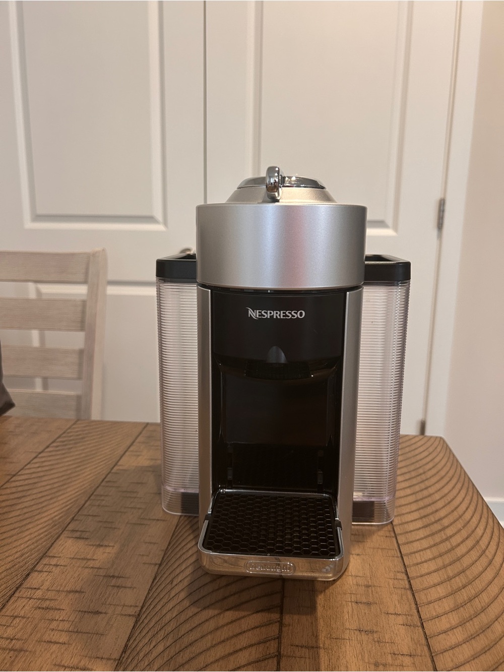 Nespresso Espresso Machine in Silver and Black with Clear Water Tanks